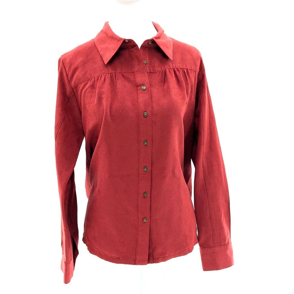 Lemon Grass Vtg Red Faux Suede Collared Button-Up Cabincore Blouse Size Medium